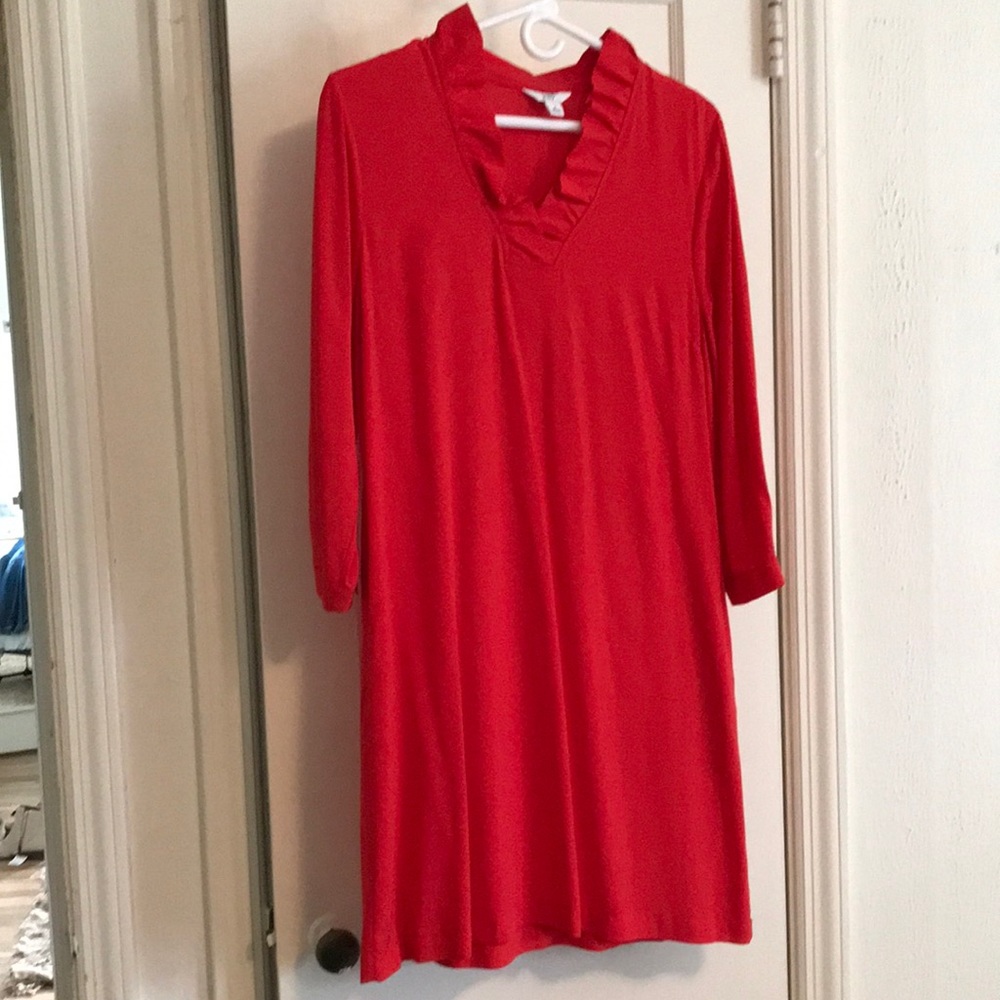 Crown & Ivy shift dress. Red with ruffled collar, 3/4 sleeve, side pockets